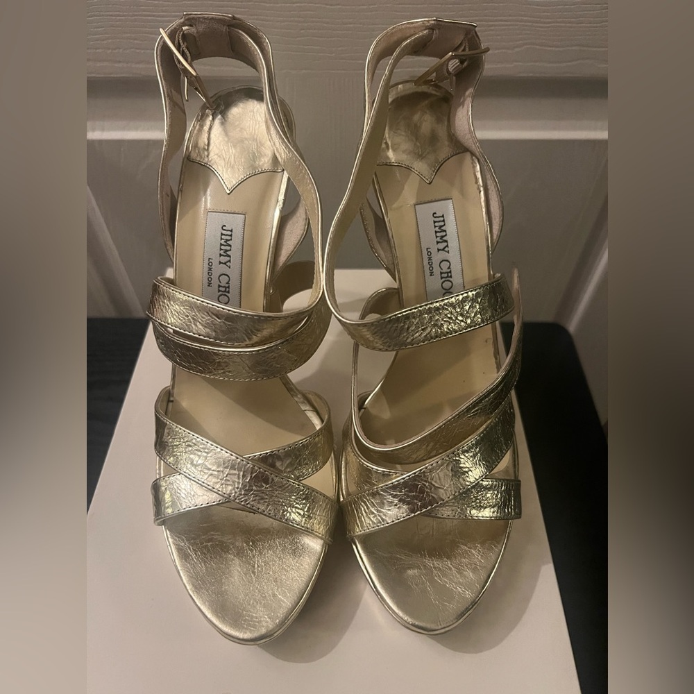 JIMMY CHOO Heels Gold Leather Straps Open Toe